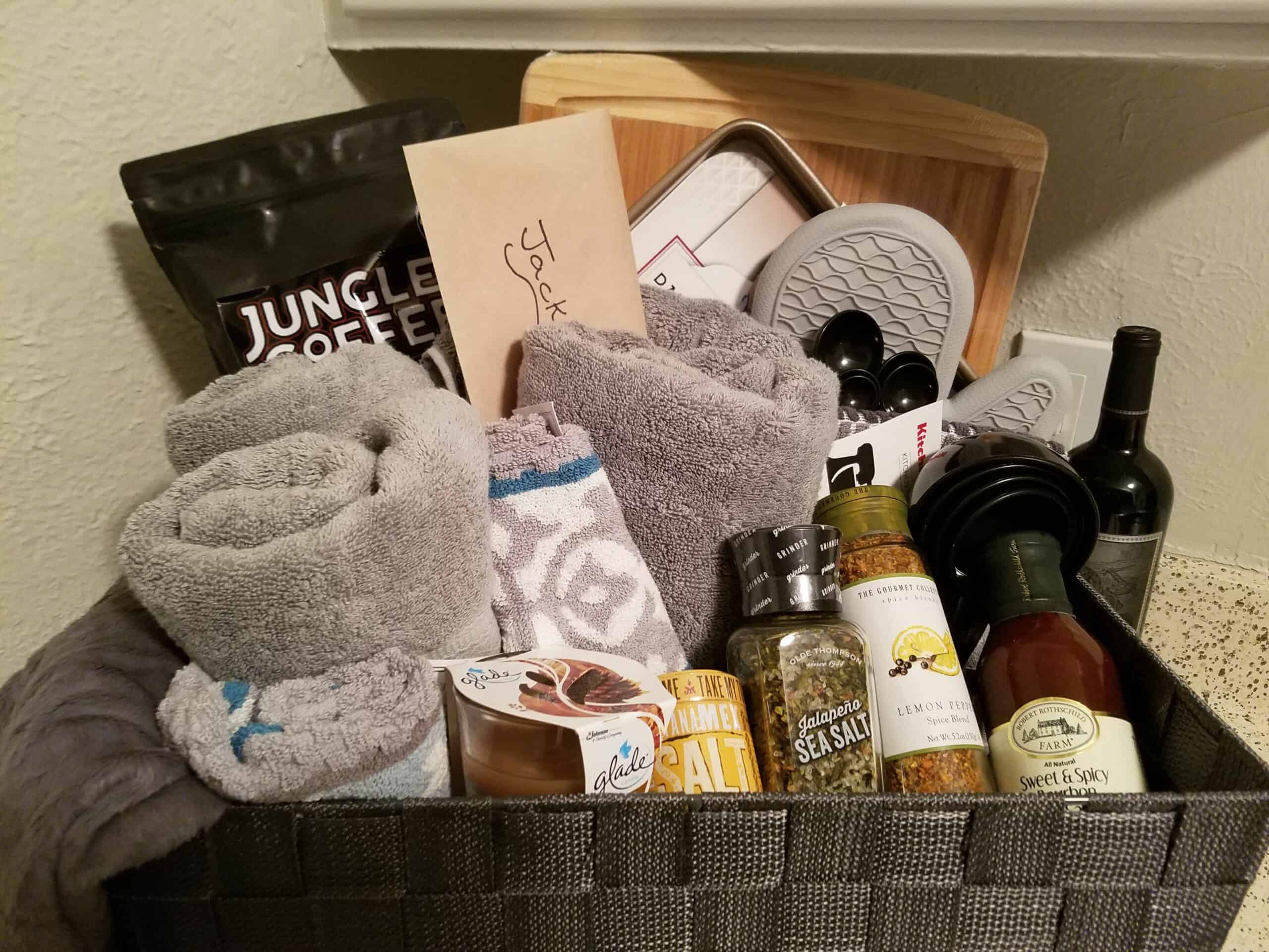 housewarming gift ideas for men - basket of gifts