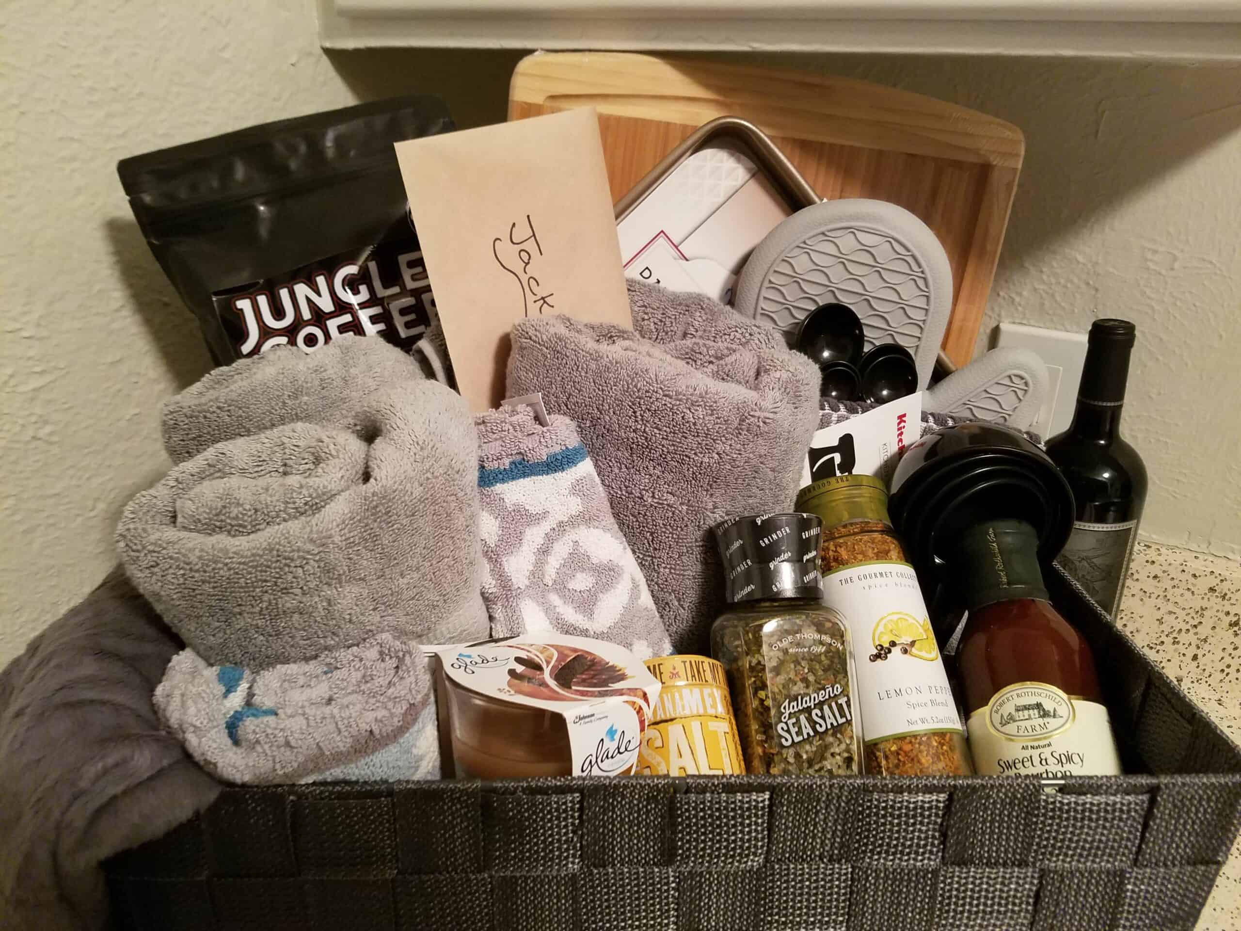 housewarming gift ideas for men - basket of gifts
