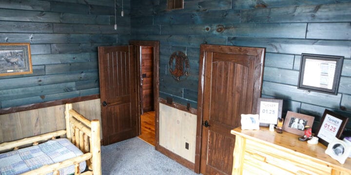 how to modernize cedar walls - room with blue cedar walls