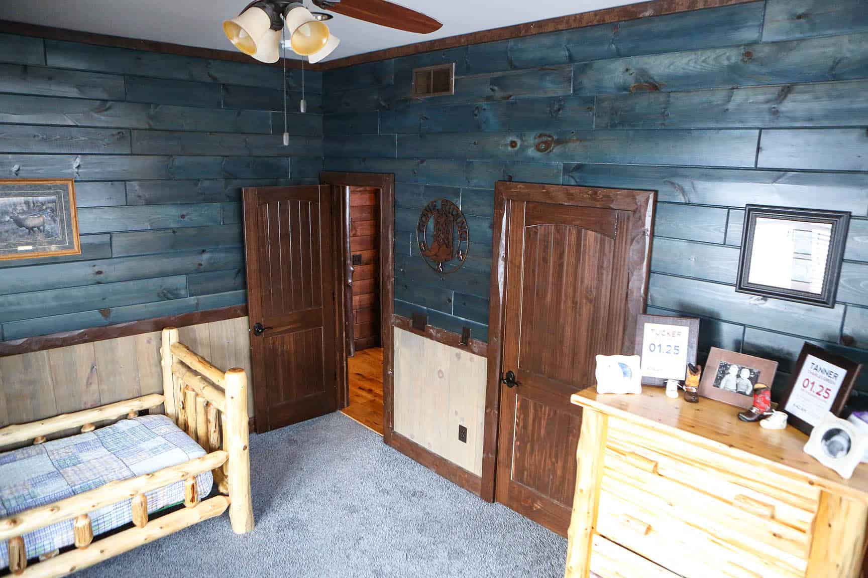 how to modernize cedar walls - room with blue cedar walls